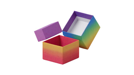 Open, rainbow-colored gift box with lid off to side