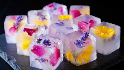 Floral ice cubes with colorful flowers encased in crystal clear ice on black background, perfect for cocktail presentations, food styling, and event decor. creative drink ideas