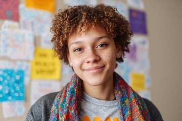 Teenager smiles warmly in a room adorned with drawings and notes