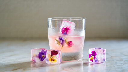 Glass of floral-infused cocktail with flower ice cubes on marble surface perfect for culinary arts inspiration and beverage marketing, Floral ice cubes with colorful flowers in refreshing summer drink