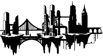 Obraz premium Futuristic Floating Cityscape Silhouette with Bridges and Modern Architecture
