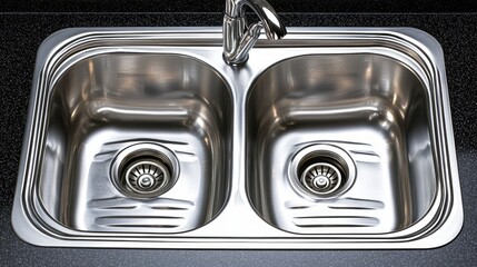A modern kitchen sink with double basins and a polished stainless steel finish.