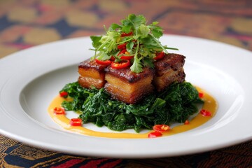 Crispy Pork Belly Served on Kale with Fresh Herbs and Sliced Chili Peppers