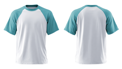 Blank white t-shirt with teal raglan sleeves, front and back views (1)