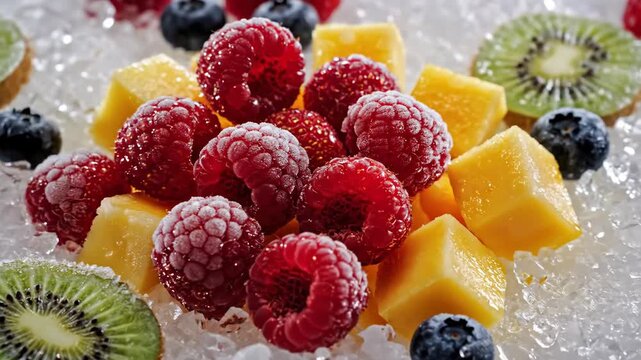 Fresh fruit arrangement featuring raspberries and mangoes on ice