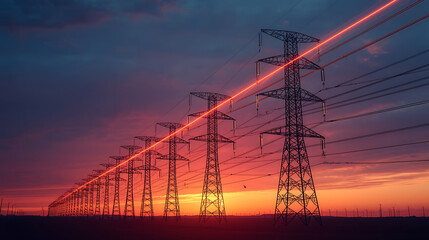 High-voltage electricity transmission towers are depicted in a dramatic sunset landscape, with glowing power lines creating a vibrant, futuristic effect..