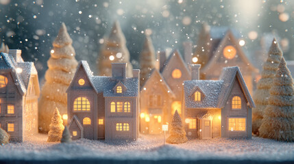 Fototapeta premium Miniature Christmas village scene with falling snow and warm lights