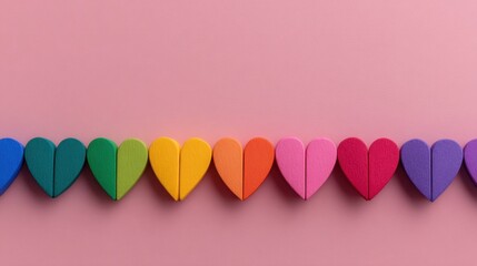 Celebrating lgbt pride flat lay of rainbow heart paper shapes on pink background vibrant colors and symbolism