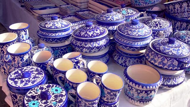 Blue Pottery on crockery a traditional art of pottery in Multan, Pakistani handicrafts work at nasarpur town Sindh, Paksiatn