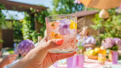 Hand holding cocktail with ice with edible flowers outdoors, summer garden party atmosphere, refreshing drink suitable for lifestyle or culinary content. Trendy Refreshingly vibrant floral ice drink