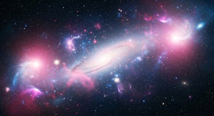 Interacting spiral galaxies merge in a colorful nebula cloud across deep space