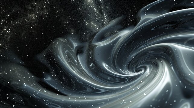Abstract background of a swirling metallic liquid in space. Futuristic cosmic vortex with glossy fluid motion and glittering stars