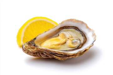 Fresh Single Oyster on Half Shell Served with Lemon Wedge for Gourmet Cuisine Presentation