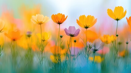 A vibrant meadow filled with colorful flowers swaying gently in the breeze under a bright sky.