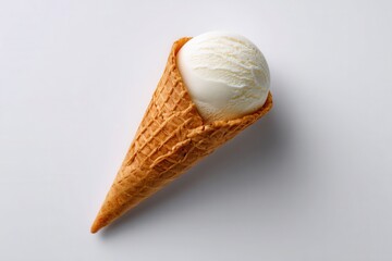 Single Scoop of Vanilla Ice Cream in a Crispy Waffle Cone on a Light Background