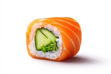 Fresh Sushi Roll with Cucumber Slice and Salmon on White Background for Culinary Photography