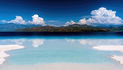 A serene landscape featuring a shallow, transparent turquoise lagoon meeting a dark blue lake, with a reflection of mountains and clouds.