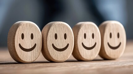 A cheerful arrangement of wooden smiley face tokens lined up on a wooden surface providing a sense of happiness and positivity.
