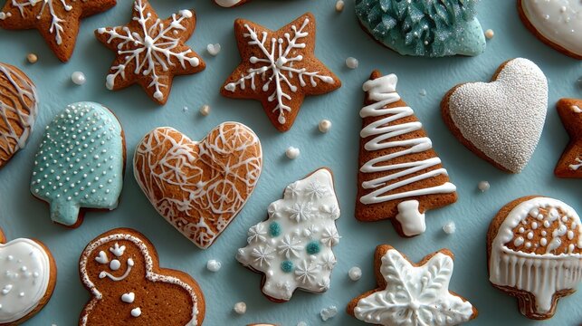 Festive gingerbread cookies decorated for the holiday season in various shapes and colors - Powered by Adobe