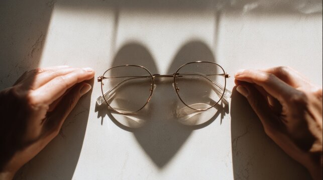 Creative concept of heart shadow from eyeglasses with sunlight,Gift of Sight Month