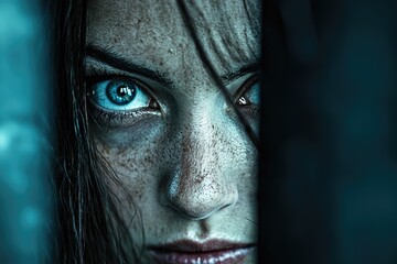 A captivating close-up of a woman's intense gaze with striking blue eyes framed by dark hair in a mysterious setting.