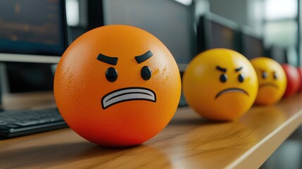 A collection of colorful stress balls representing different emotions in an office setting.