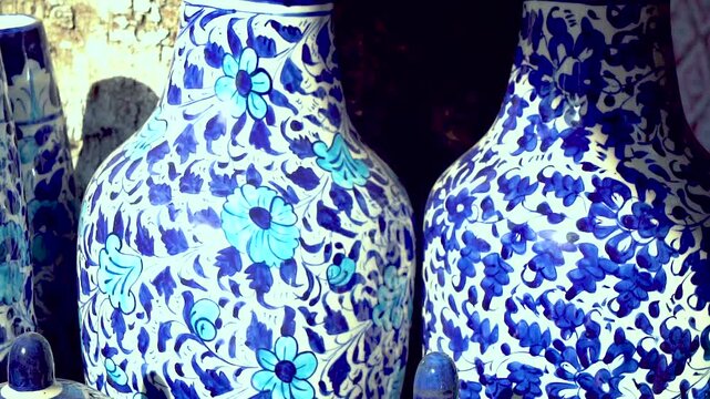 Blue Pottery on crockery a traditional art of pottery in Multan, Pakistani handicrafts work at nasarpur town Sindh, Paksiatn