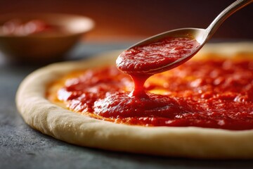 Spoon Spreading Vibrant Red Tomato Sauce Over Pizza Dough in a Culinary Setting