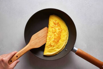 Cooking a Perfect Omelette with a Wooden Spatula in a Non-Stick Pan on a Light Background