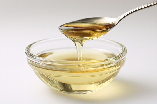 Honey or syrup poured from spoon into small bowl