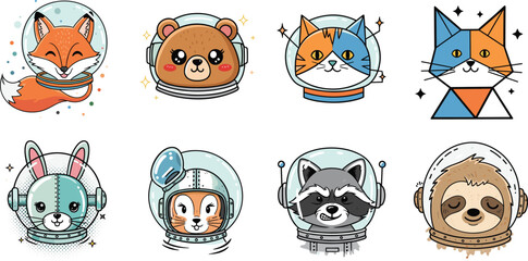 Naklejka premium Cartoon animals in space helmets, fox, bear, cat, rabbit, deer, raccoon, sloth, geometric style, vector illustration, children space theme