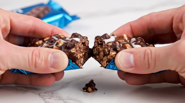 Hands breaking chocolate bar revealing delicious treat
