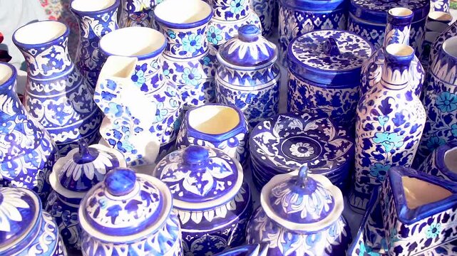 Blue Pottery on crockery a traditional art of pottery in Multan, Pakistani handicrafts work at nasarpur town Sindh, Paksiatn