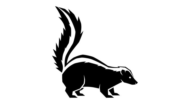 Black and white illustration of a skunk with a bushy tail raised high isolated on white background