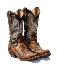 Watercolor illustration of classic brown leather cowboy boots with decorative stitching on white background &ndash; western style fashion and country footwear design.