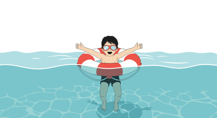 Happy young boy with swimming goggles learns to swim and float in the water safely with a red and white lifebuoy ring.