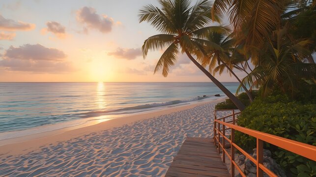 Coconut palm trees leaning over turquoise ocean at golden tropical sunset