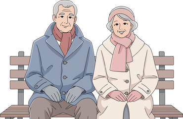 Charming elderly couple sitting together on a bench, enjoying their golden years with love and companionship in a heartwarming illustration