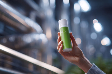 Hand holding a product with vague eco-friendly claims in a modern setting