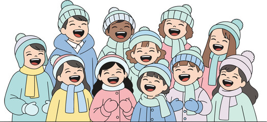 Joyful children singing carols together, bundled up warmly in winter hats and scarves, a heart warming scene of childhood happiness and holiday cheer