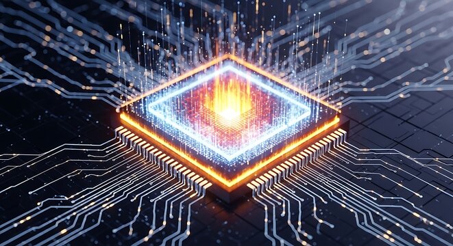 Advanced microchip with glowing core and intricate circuit patterns, representing cuttingedge technology and the future of digital processing