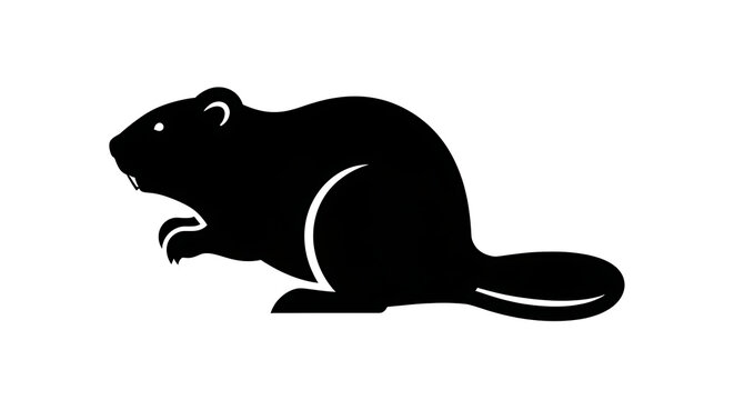 Black silhouette of a beaver standing on hind legs with paws raised isolated on white background