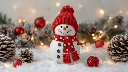 Obraz premium Cute holiday snowman with knitted hat and scarf placed among rustic pinecones and ornaments