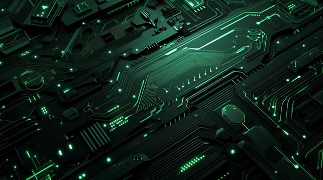 Futuristic green glowing circuit board background. Abstract high-tech electronic motherboard with data flow. Technology and artificial intelligence concept