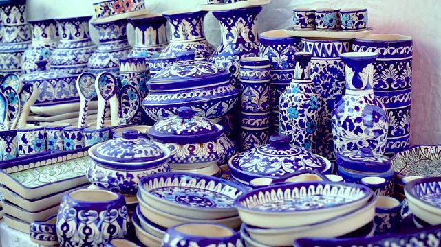 Blue Pottery on crockery a traditional art of pottery in Multan, Pakistani handicrafts work at nasarpur town Sindh, Paksiatn