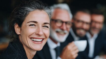 Group of executives enjoying a lively coffee break, sharing smiles and laughter while discussing ideas at a cozy cafe in the afternoon. Their bond is evident as they connect over warm drinks