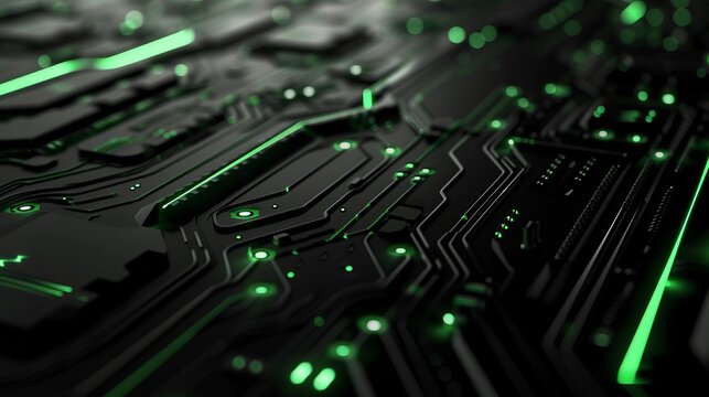 Close-up of a futuristic circuit board with glowing green lights. Abstract technology background showing data processing on a computer motherboard. Artificial intelligence and cyber innovation concept