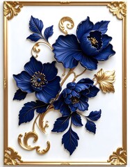 Luxurious 3D embossed flower artwork with golden decorative frame high resolution picture