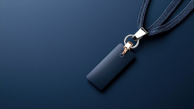 A dark blue lanyard with a blank rectangular tag and a metal clip is shown against a dark blue background.