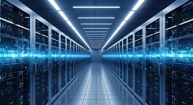 A long, symmetrical corridor filled with server racks and illuminated by blue lights, creating a sense of advanced technology and data processing - Powered by Adobe